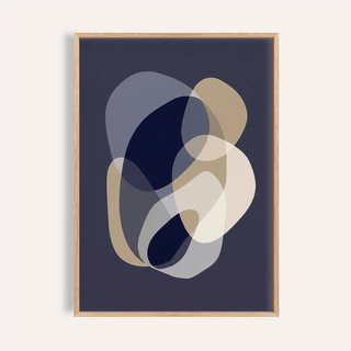 Framed print of abstract organic shapes in muted blues and beige