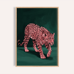 Pink Leopard Wall Art print with green background for living room decor