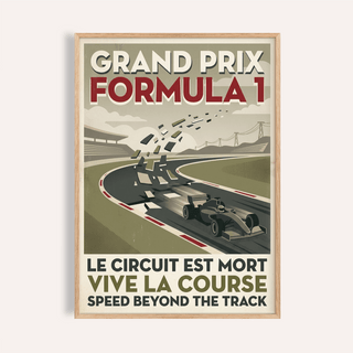 Framed close-up of Vintage Grand Prix Art Print with retro racing car in grey red and green