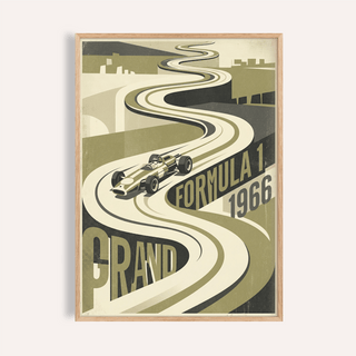Close-up of Vintage Grand Prix Car Poster with a winding race track in olive and cream shades