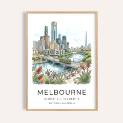 Illustrated Melbourne skyline poster with river bridge and tram