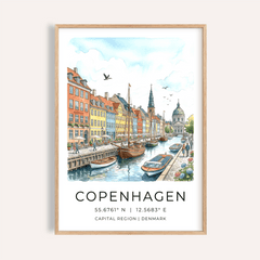 Copenhagen Canal wall art showing a bright watercolour canal view with boats and colourful buildings