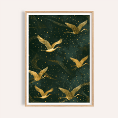 Golden Crane wall art framed close-up showing golden cranes on a dark green background