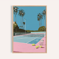 Framed print of tropical tennis court with pink ground and blue sky in minimalist style