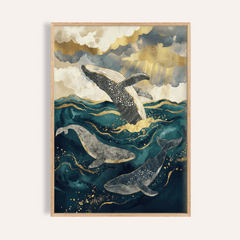 Ocean art print of three stylised humpback whales in dark blue water with gold highlights