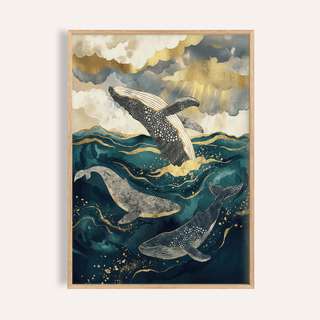 Ocean art print of three stylised humpback whales in dark blue water with gold highlights