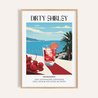 Bar wall pictures showing Dirty Shirley cocktail illustration with blue sea and cherries