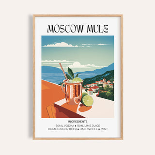 Framed close-up of drinks artwork showing a minimalist moscow mule cocktail illustration with blue and orange tones