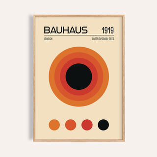 Orange Bauhaus poster featuring concentric circles for modern living room