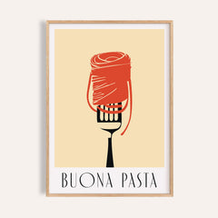 Framed print of pasta wall art with minimalist pasta on fork in red and black on beige background