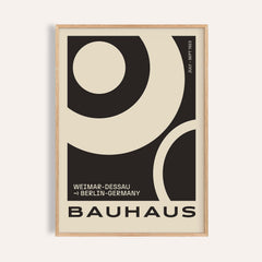 Minimalist Abstract Art Prints framed print close-up with black and cream geometric shapes and Bauhaus text