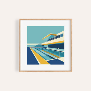 Framed print close-up of poolside art with blue, yellow and beige colours in a minimalist style