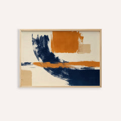 Framed print close-up of blue and orange abstract colour strokes with beige accents