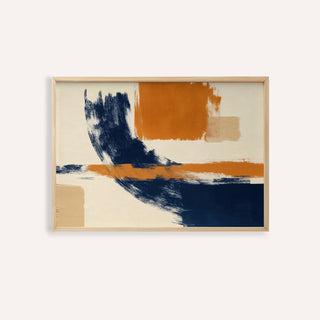 Framed print close-up of blue and orange abstract colour strokes with beige accents