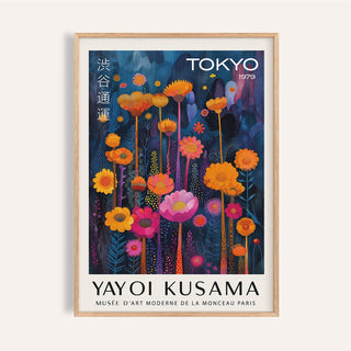 Framed print close-up of colorful flower wall art with orange and pink flowers on a dark background