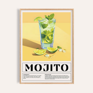 Bar Decor for Home mojito cocktail illustration with lime and mint on a yellow background in a wooden frame