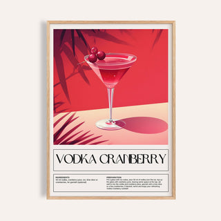 Home Bar Print of a vodka cranberry cocktail illustration with red and pink tones in a wooden frame