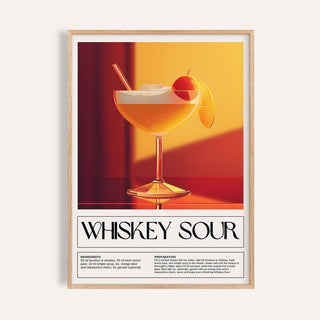 Wall Art for Bar Area featuring whiskey sour cocktail illustration with orange and yellow hues