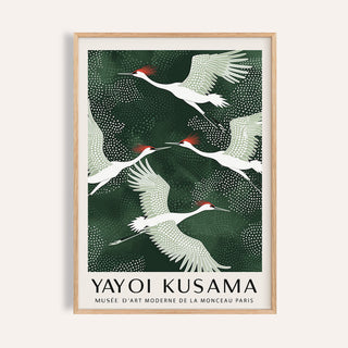 Japandi wall art of red-crowned cranes flying against a dark green abstract background