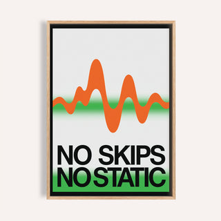 Framed print close-up of retro music poster with orange waveform and black text