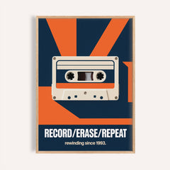 Framed print of minimalist typographic cassette tape wall art in orange and dark blue