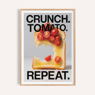 Framed close-up of Dining Table Wall Art with toast and cherry tomatoes against a grey background