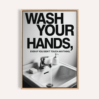 Framed close-up of Toilet Wall Art Funny showing a sink with running water and black text on grey