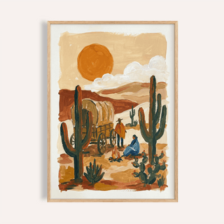Desert wall art of a figure beside a campfire with cacti and a large orange sun in brown and beige tones