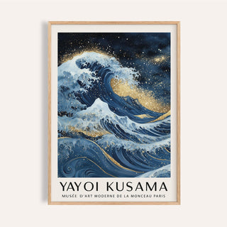 Blue Gold wall decor of a stylised ocean wave with gold accents and Japanese ink style