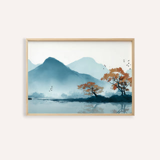Nature wall art print of a misty mountain lake with blue and orange tones in a wooden frame