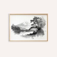 Black And White Print close-up of a mountain lake with tree and watercolour style in monochrome