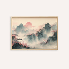 Framed print of misty mountains with waterfalls in Japanese ink and watercolour style