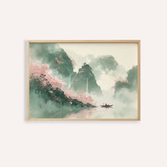 Framed mountain landscape art print with green and pink watercolour misty mountains on a pale background