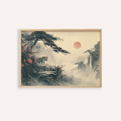 Framed Asian Landscape Print of a tiger on a cliff with Japanese-ink style and soft red sun