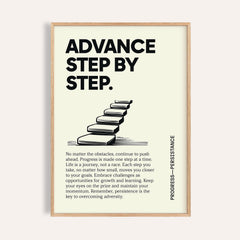 Framed close-up of Poster of Motivation with black text and stairs illustration on cream background