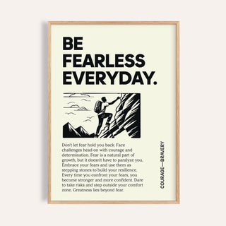 Positive Poster Art with black text and a rock climber illustration in a beige wooden frame