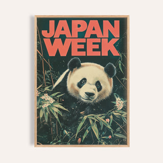 Framed close-up of Japanese Panda Art with a giant panda and red lettering