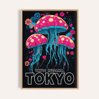 Framed wall art for kids room of psychedelic jellyfish in pink and blue on black background
