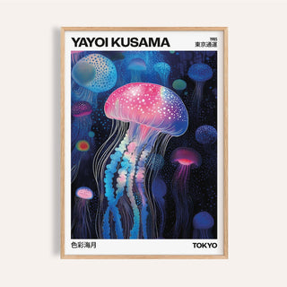 Framed jelly fish wall art illustration with a glowing pink and blue jellyfish on a dark background