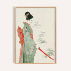 Japanese watercolor art of woman in kimono holding red katana for bold home decor.