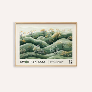 Framed print of Landscape Art Prints showing green and yellow hills with blossoming trees in minimalist illustration style