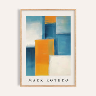 Framed Blue and Yellow wall art with abstract colour blocks and a white margin displaying text