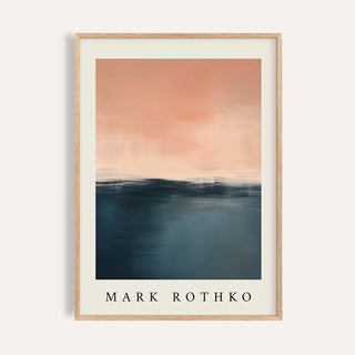 Framed Pink and Blue Painting with abstract colour blocks and text below in serif font