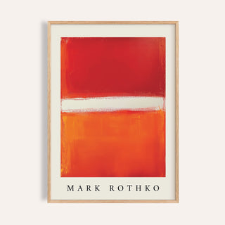 Orange Abstract Art framed print with red and orange blocks and white stripe with text below