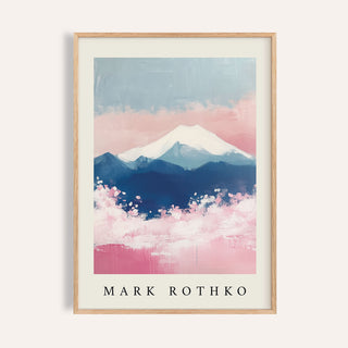 Framed Mount Fuji Art showing abstract snow-capped mountain with blue and pink watercolour
