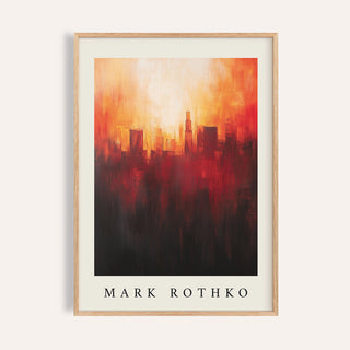 Framed California wall art showing an abstract city skyline in fiery red and orange hues with a light centre