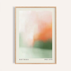 Framed Calming Wall Art with abstract peach and green colour fields and artist details