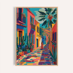 Colorful Mexican street art print with pink buildings and tropical plants