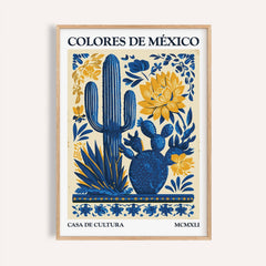 Framed Mexican Folk Art of blue agave and yellow floral details on cream background