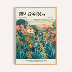 Mexican Landscape Art showing agave plants and a house in an illustration style with blue green and pink colours